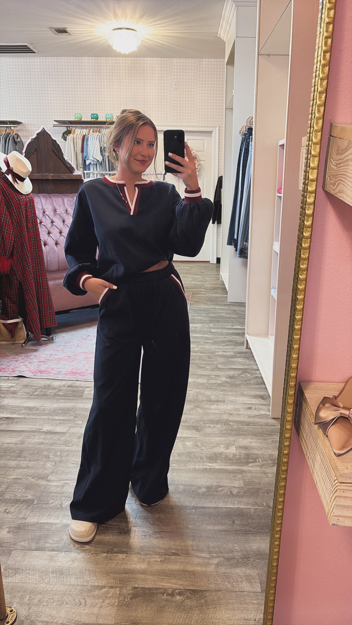 Varsity Letter Color Top & Pants Set - Navy