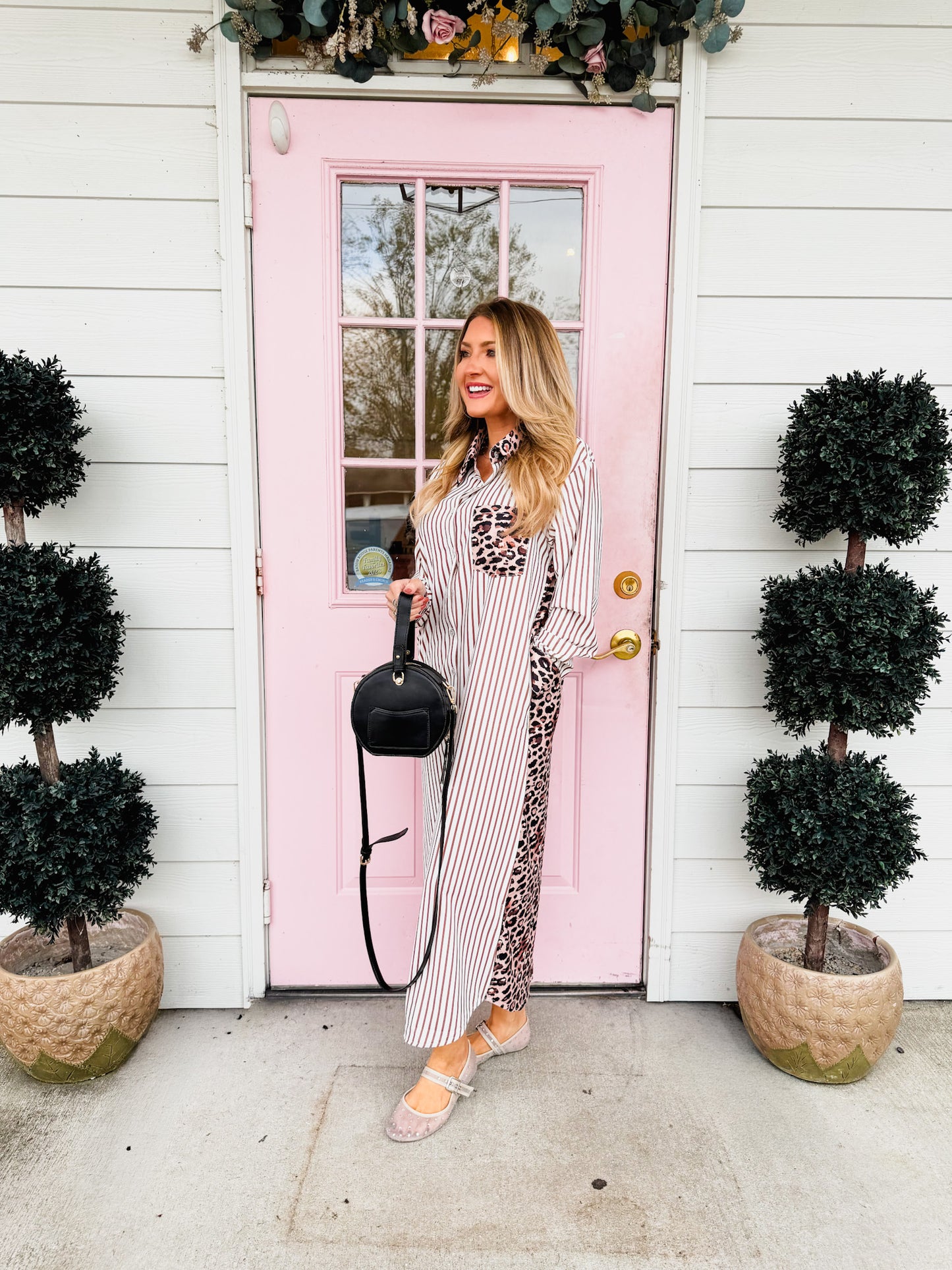 Stripe Contrast Leopard Patchwork Long Shirt Dress - Brown