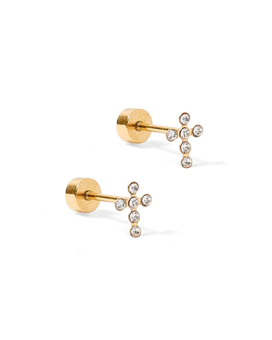 Clara Cross Gold Sparkle - Screwback Stud Earrings