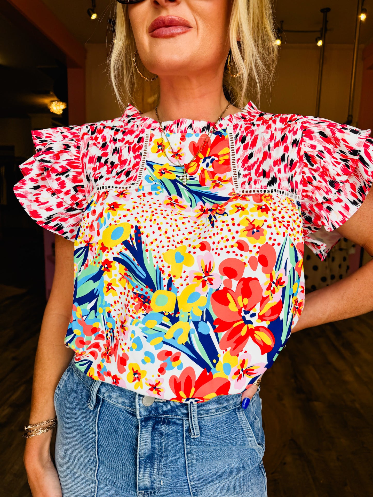Floral Mixed Print Ruffle Cap Sleeve Blouse - Red