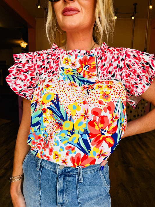 Floral Mixed Print Ruffle Cap Sleeve Blouse - Red