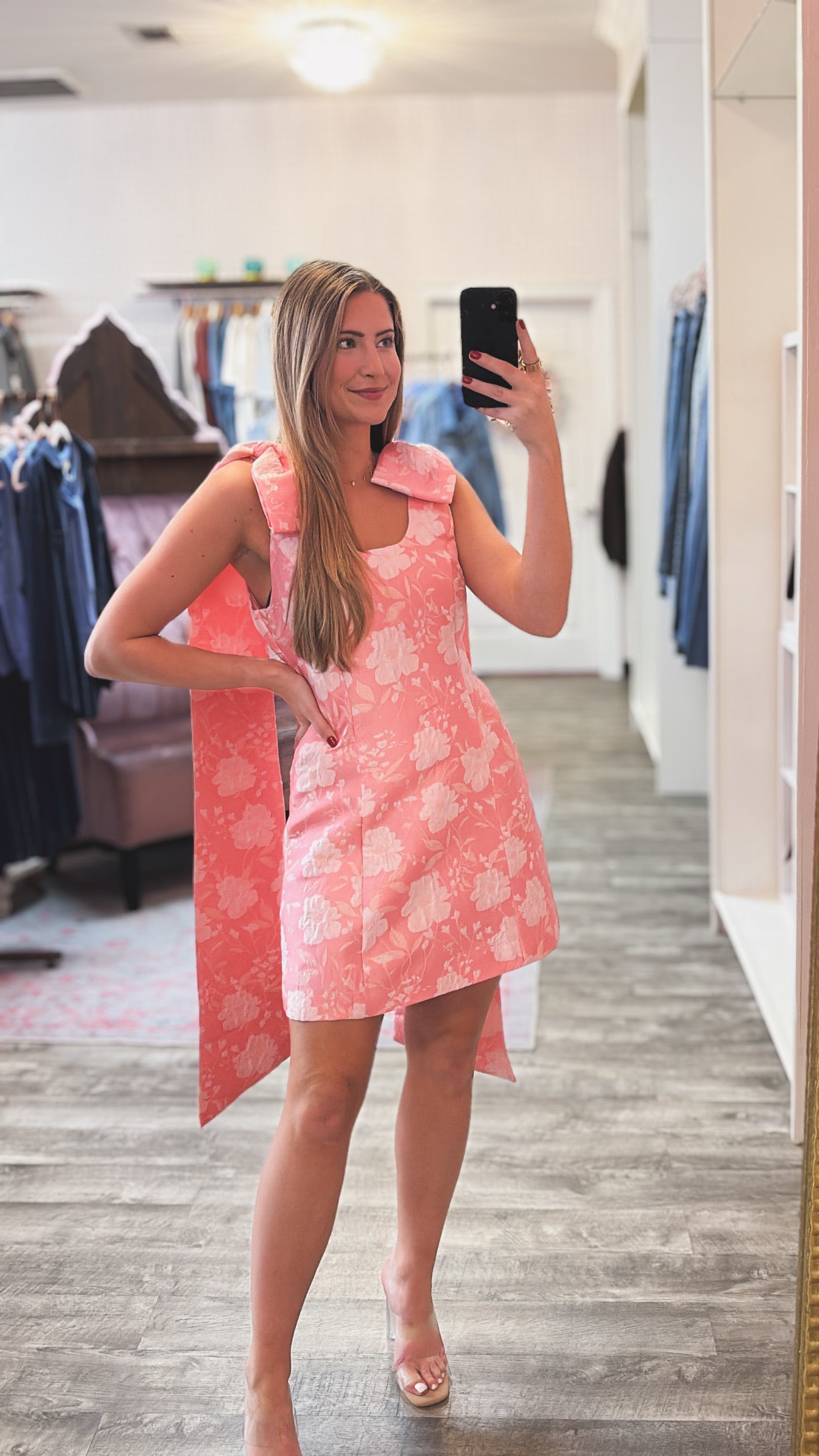 Nicole Jacquard Bow Sash Mini Dress - Coral/Pink