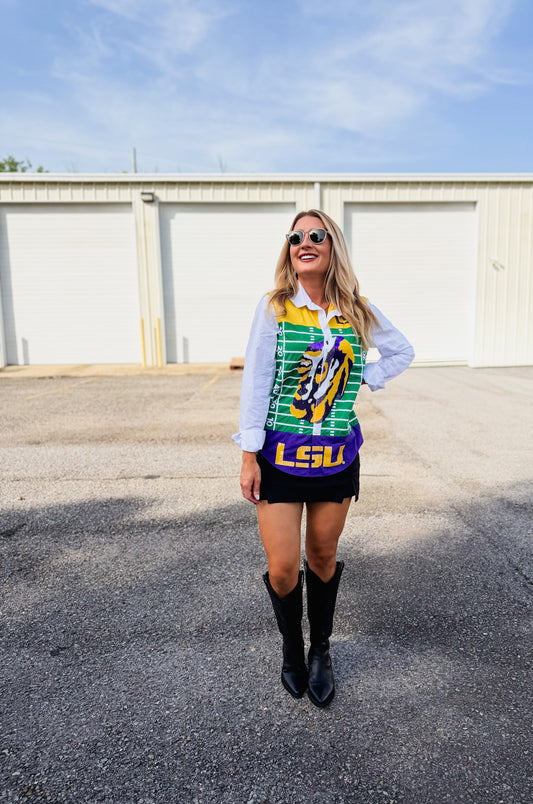 LSU Licensed Tiger Eye on Field Long Sleeve Button Up Top - White