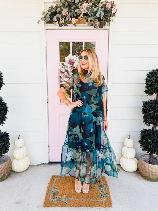 Dinner Date Sheer Overlay Mesh Maxi Dress - Green