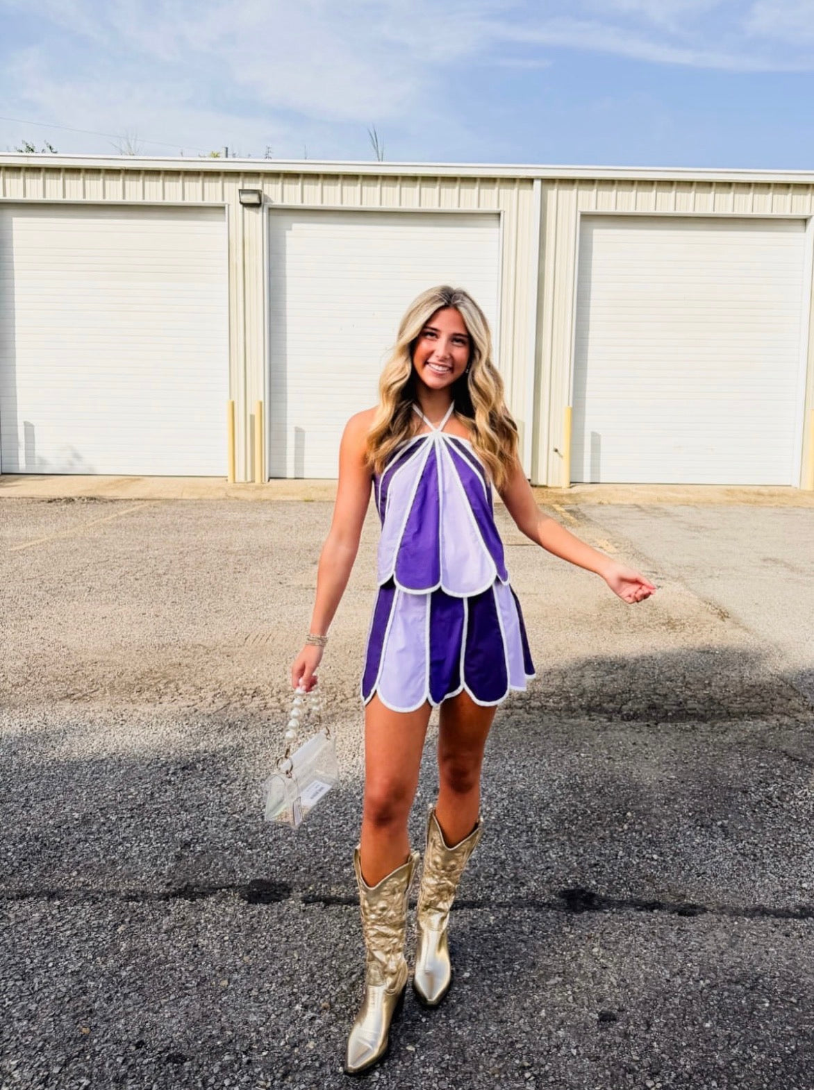 End Game Color Block Scalloped Trim Halter Top - Purple