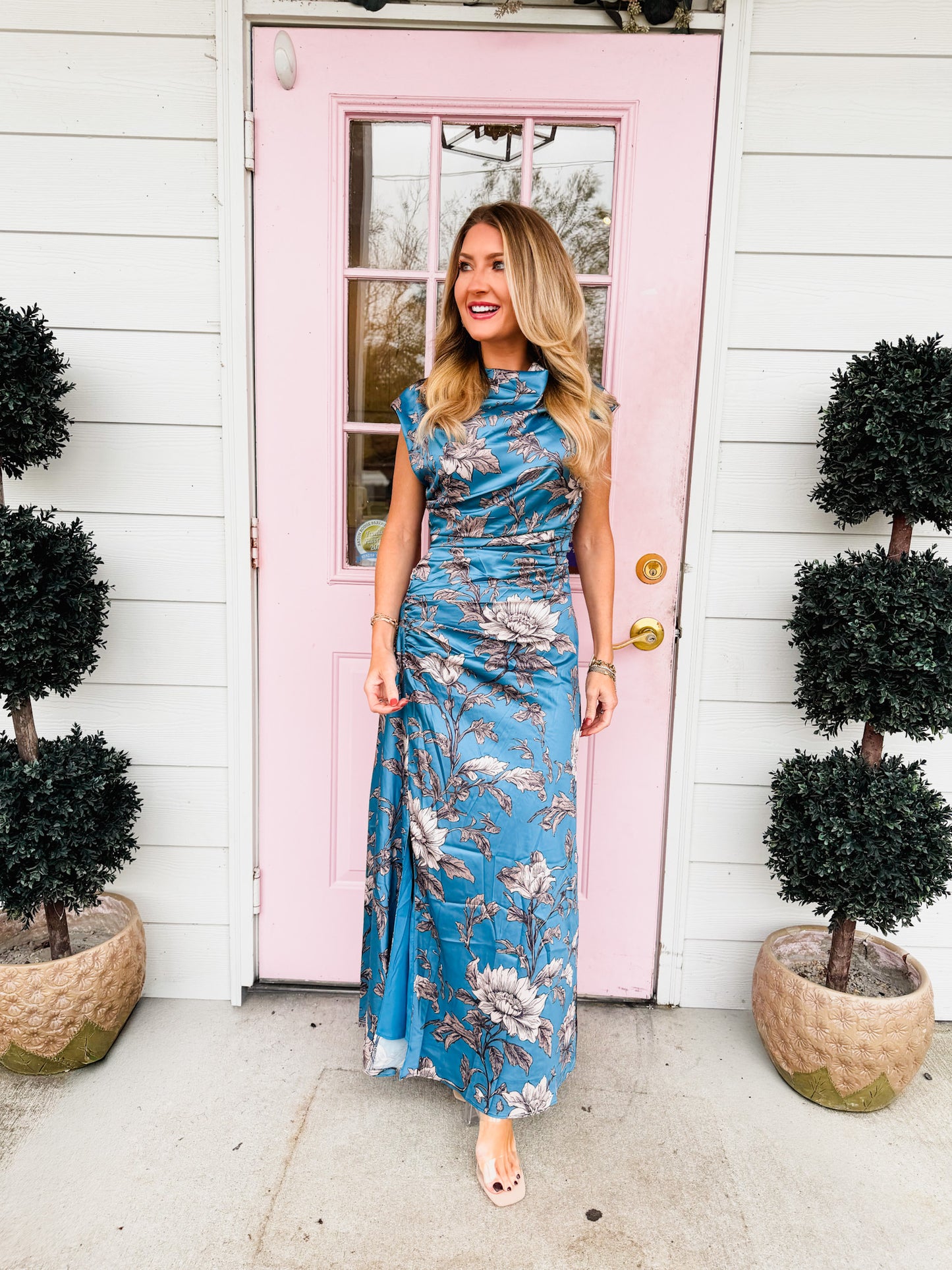 Classy Lady Satin Draped Cowl Neck Ruched Dress - Blue