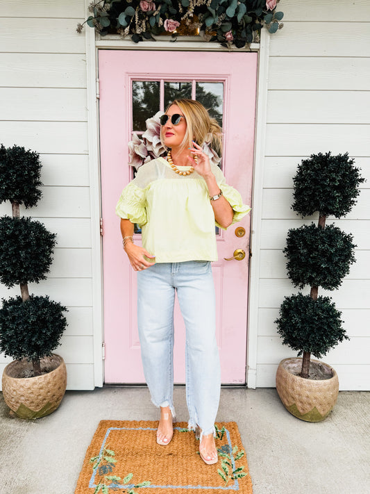 Lucky Charm Sheer Mesh Bubble Sleeve Top - Chartreuse