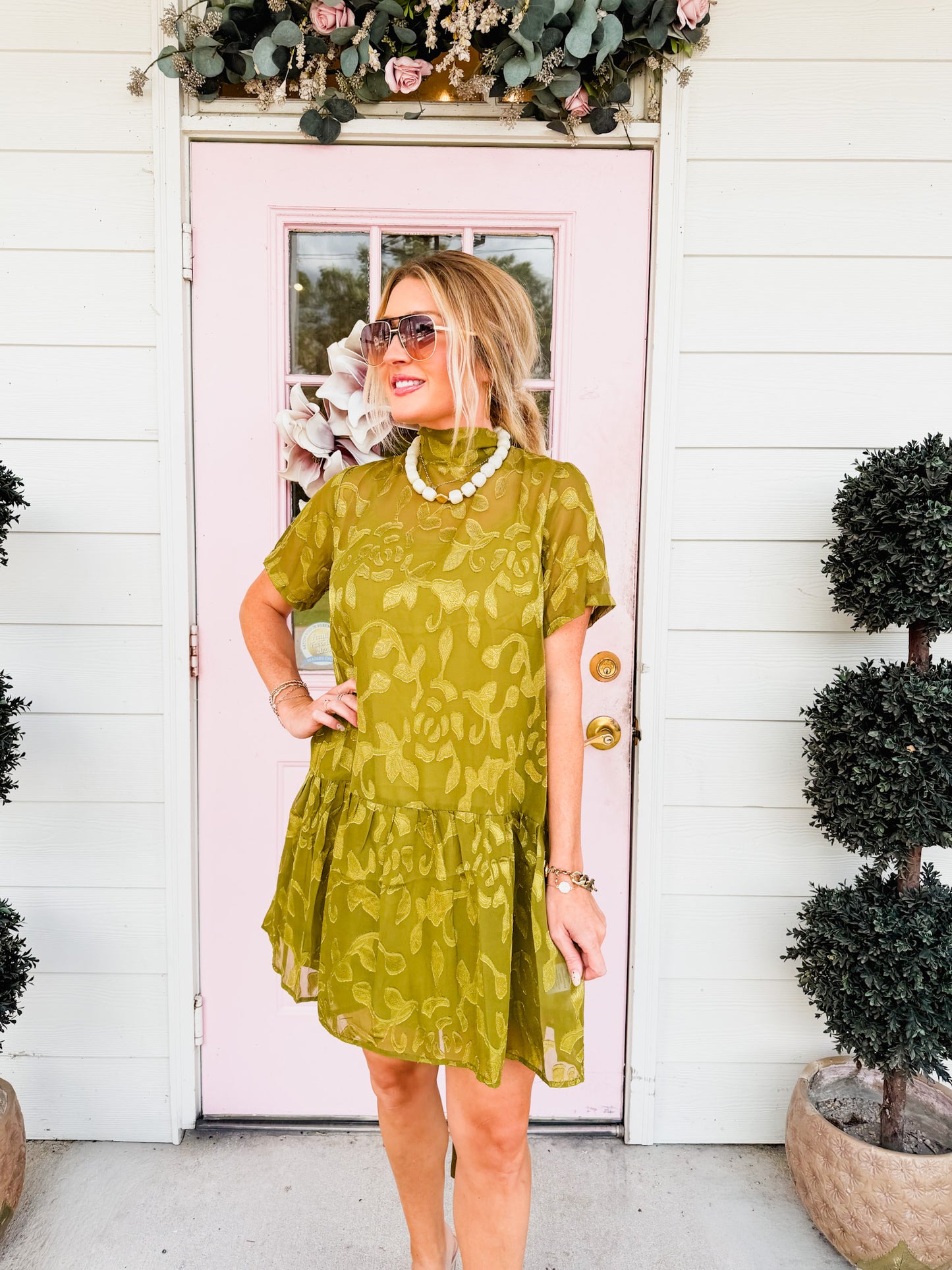 Story Time Floral Jacquard Tie-Neck Mini Dress - Olive