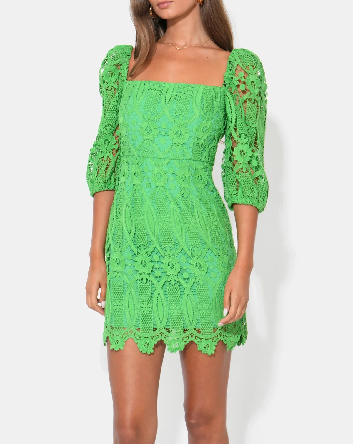 Emery Puff Sleeve Lace Mini Dress - Matcha Green