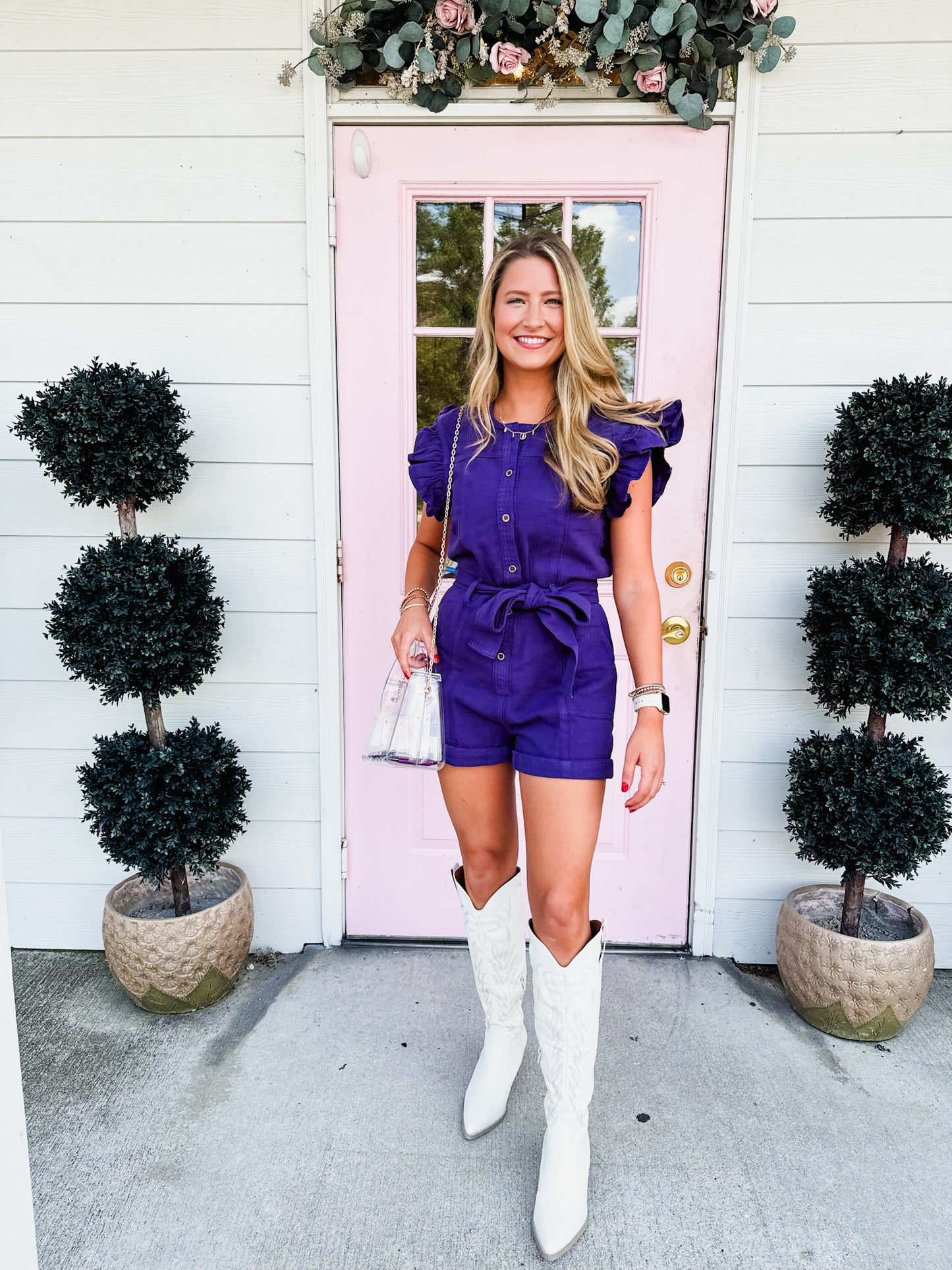Game Day Ready Denim Belted Romper - Purple