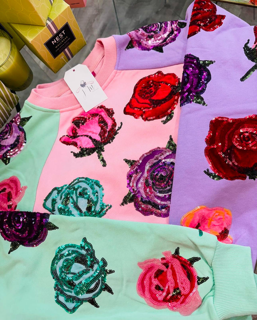 Queen Of Sparkles Color Block Velvet Roses Sweatshirt