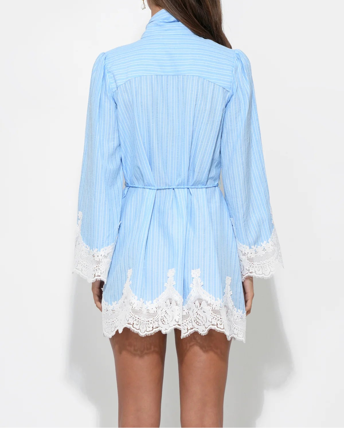 Victoria Neck Tie Lace Trim Stripe Mini Dress - Light Blue/White