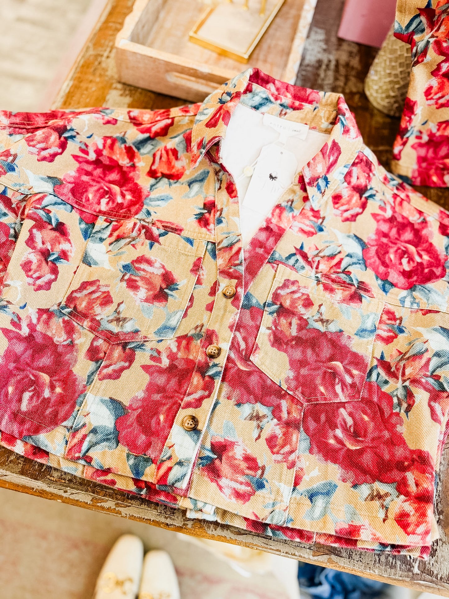 Big Dreams Floral Print Short Sleeve Cropped Top - Camel