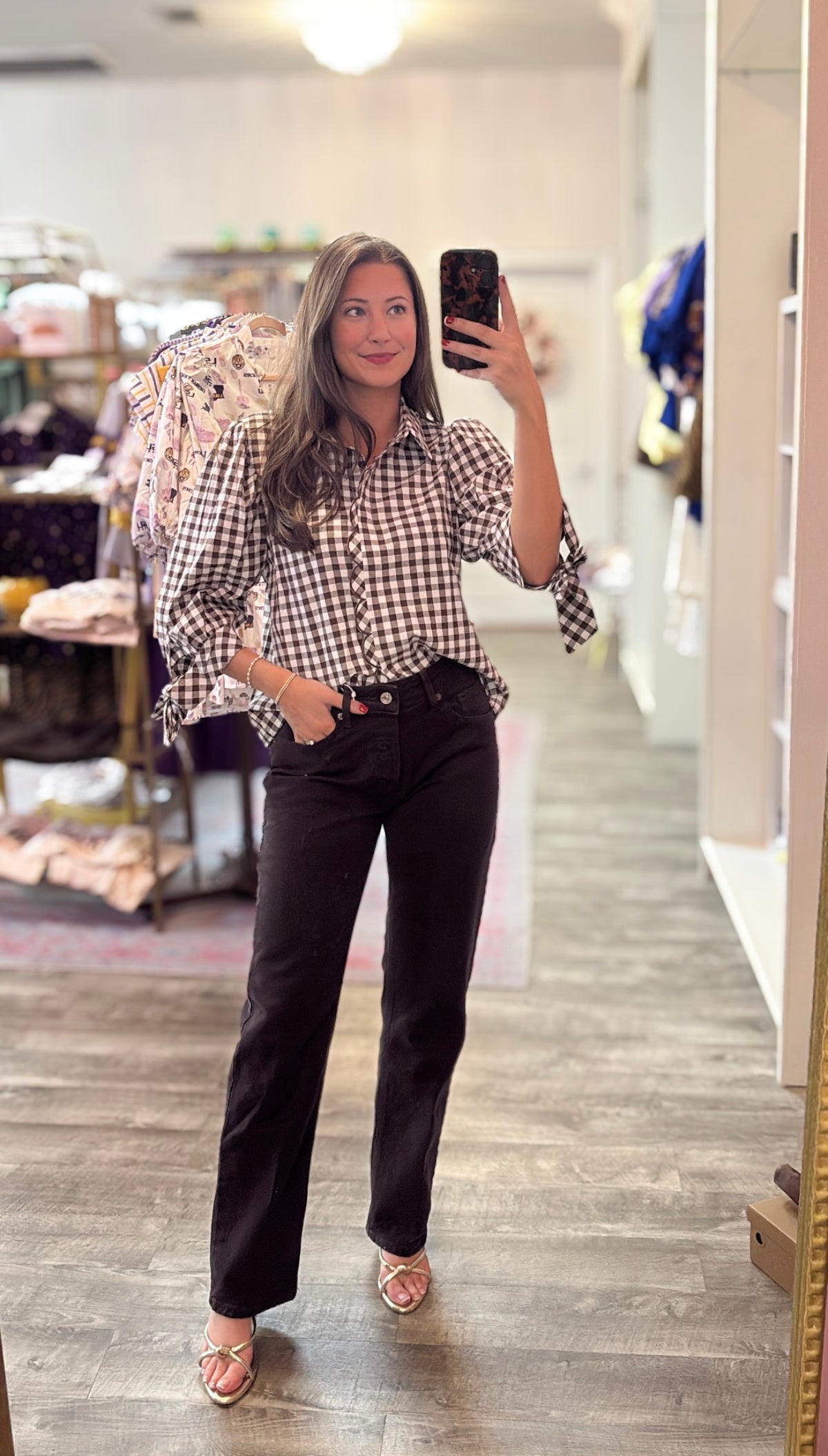 Plaid Knot Half Sleeve Button Down Shirt - Brown
