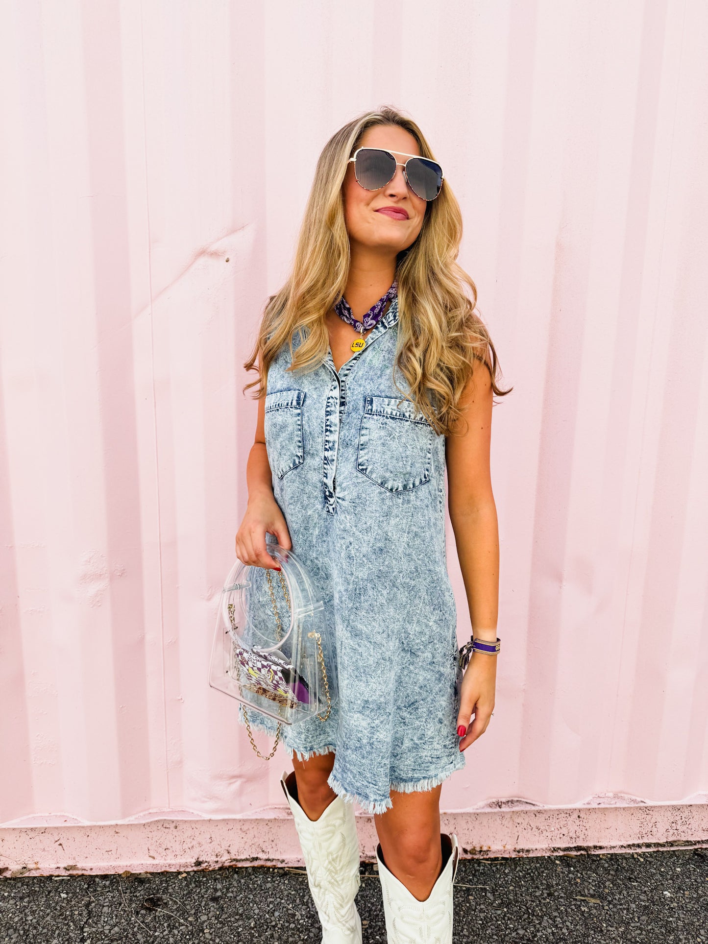 Let's Geaux Sleeveless Button Down Shirt Dress - Washed Denim