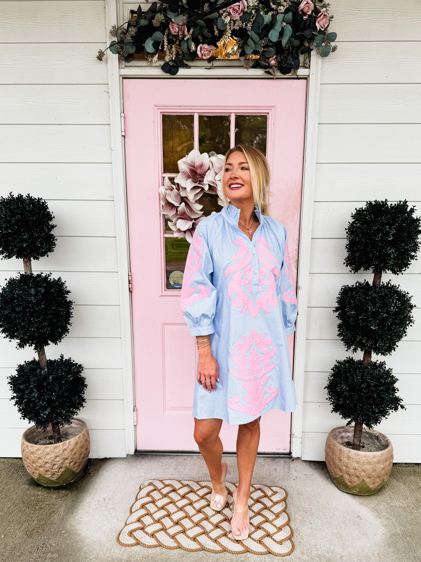Blue Skies Baroque Floral Applique Shift Dress - Blue Skies