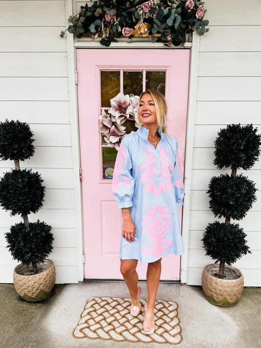 Blue Skies Baroque Floral Applique Shift Dress - Blue Skies