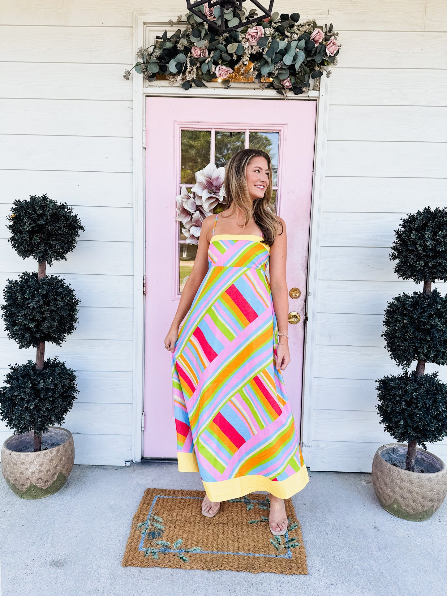 Pinky Promise Vibrant Geometric Stripe Contrast Midi Dress - Sand Multi