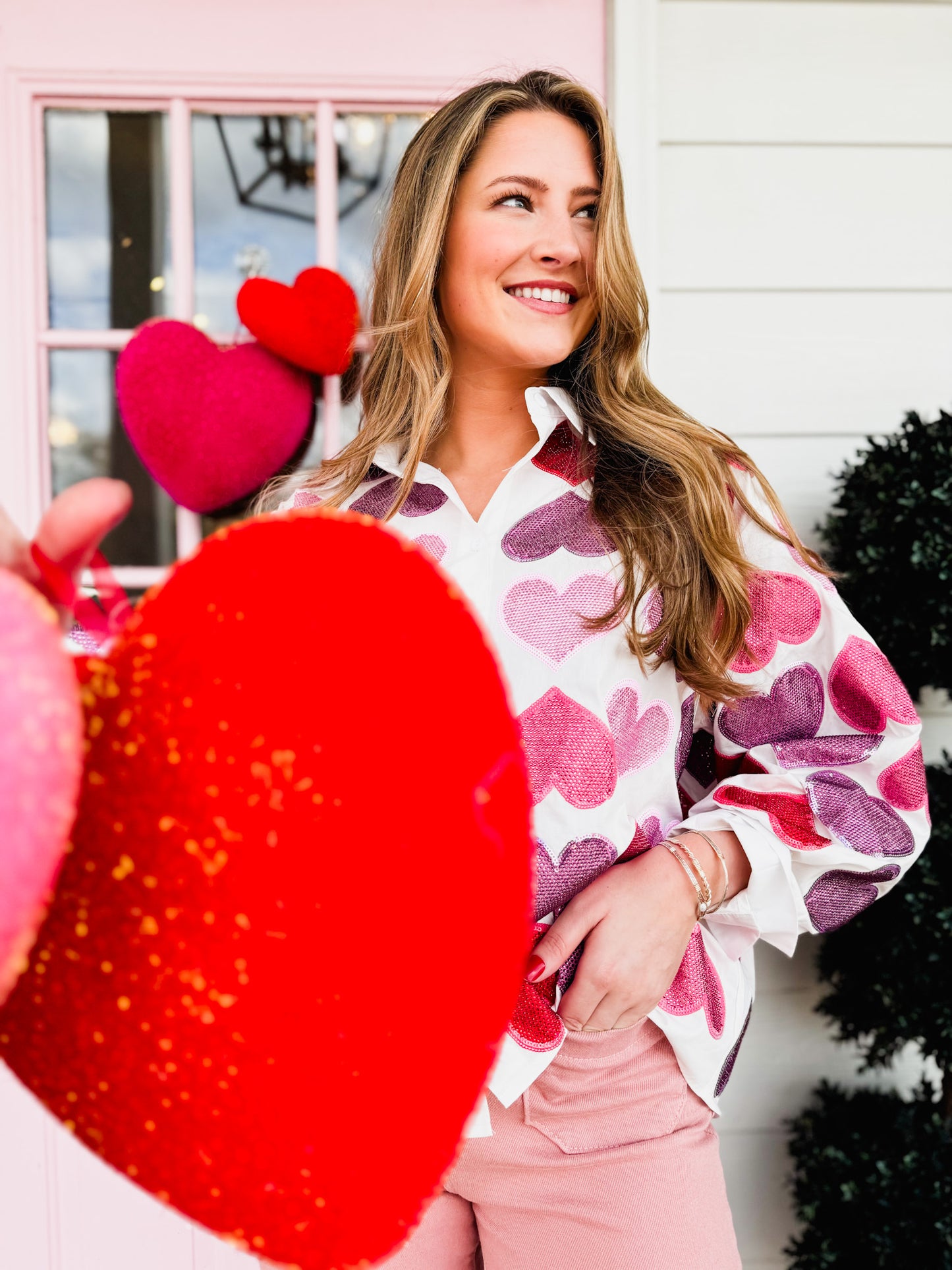 Queen Of Sparkles White Multi Rhinestone Hearts Button Up Cotton Top
