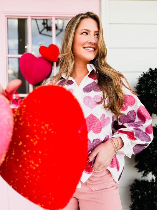 Queen Of Sparkles White Multi Rhinestone Hearts Button Up Cotton Top