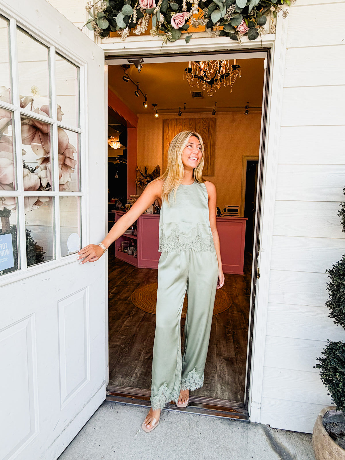 Found You Elastic Waist Lace Trim Wide Leg Pants - Sage