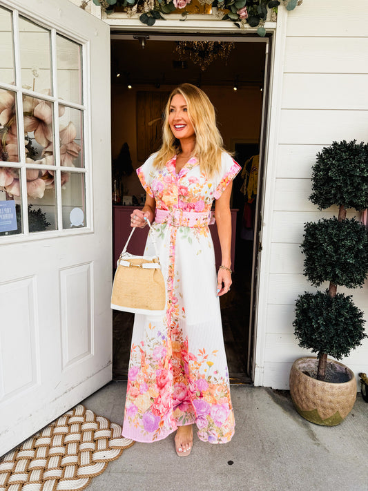 Home Grown Lapel Collar Button Down Maxi Dress - Pink Floral