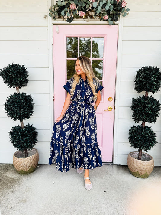 Botanical Garden Floral Midi Dress - Navy