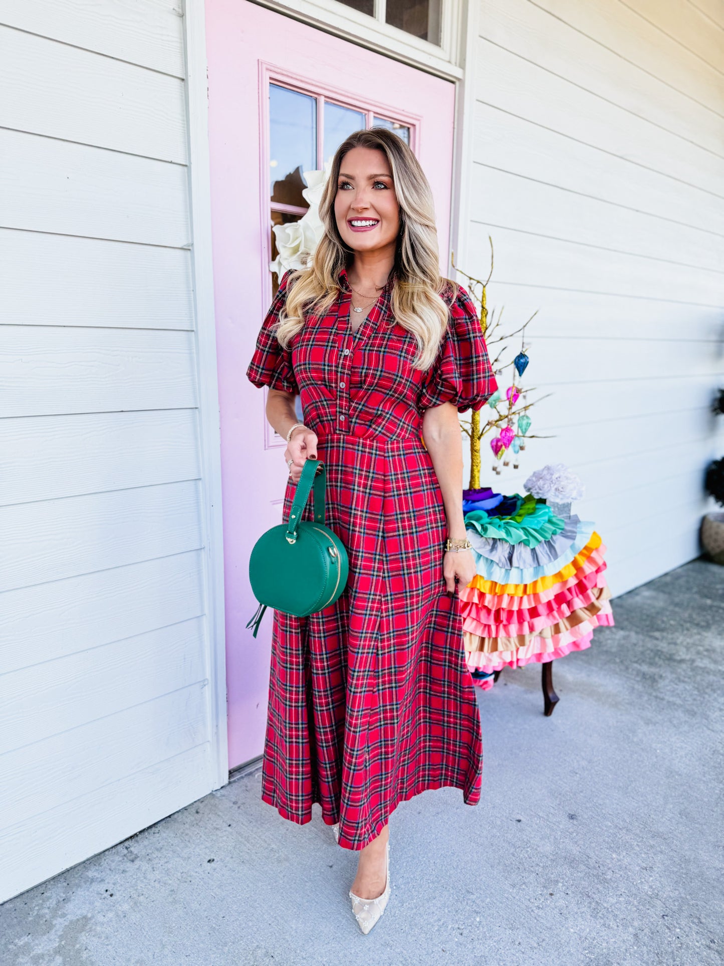 Very Merry Plaid Puff Sleeve Midi Dress - Red