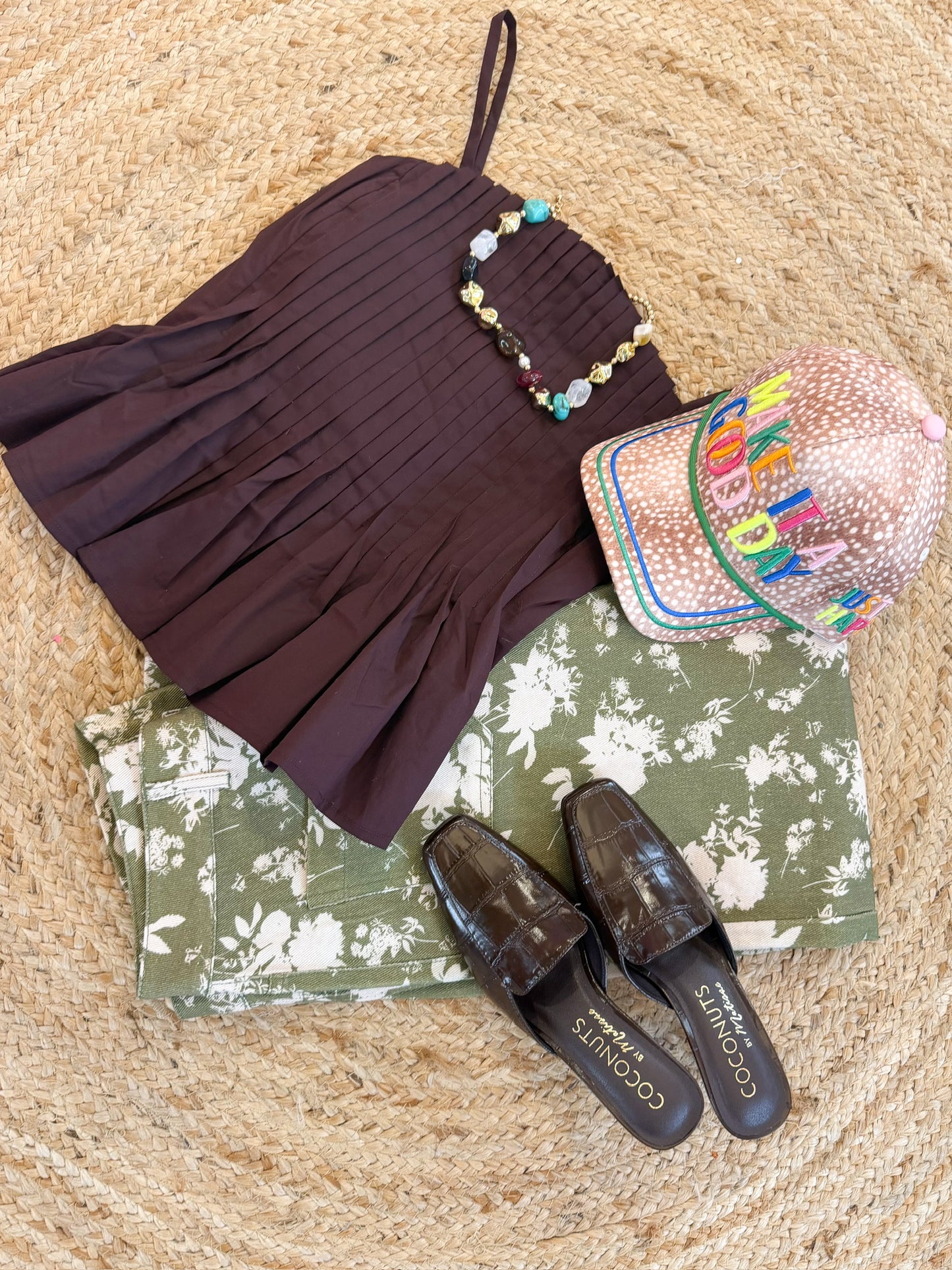 Only One Pleated Peplum Cami Top - Brown
