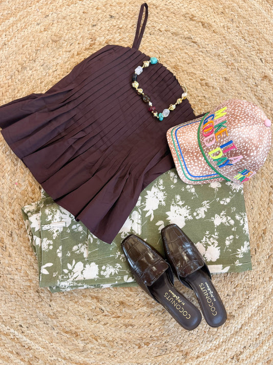 Only One Pleated Peplum Cami Top - Brown
