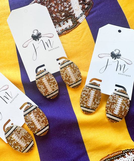 Gold Rhinestone Football Earrings