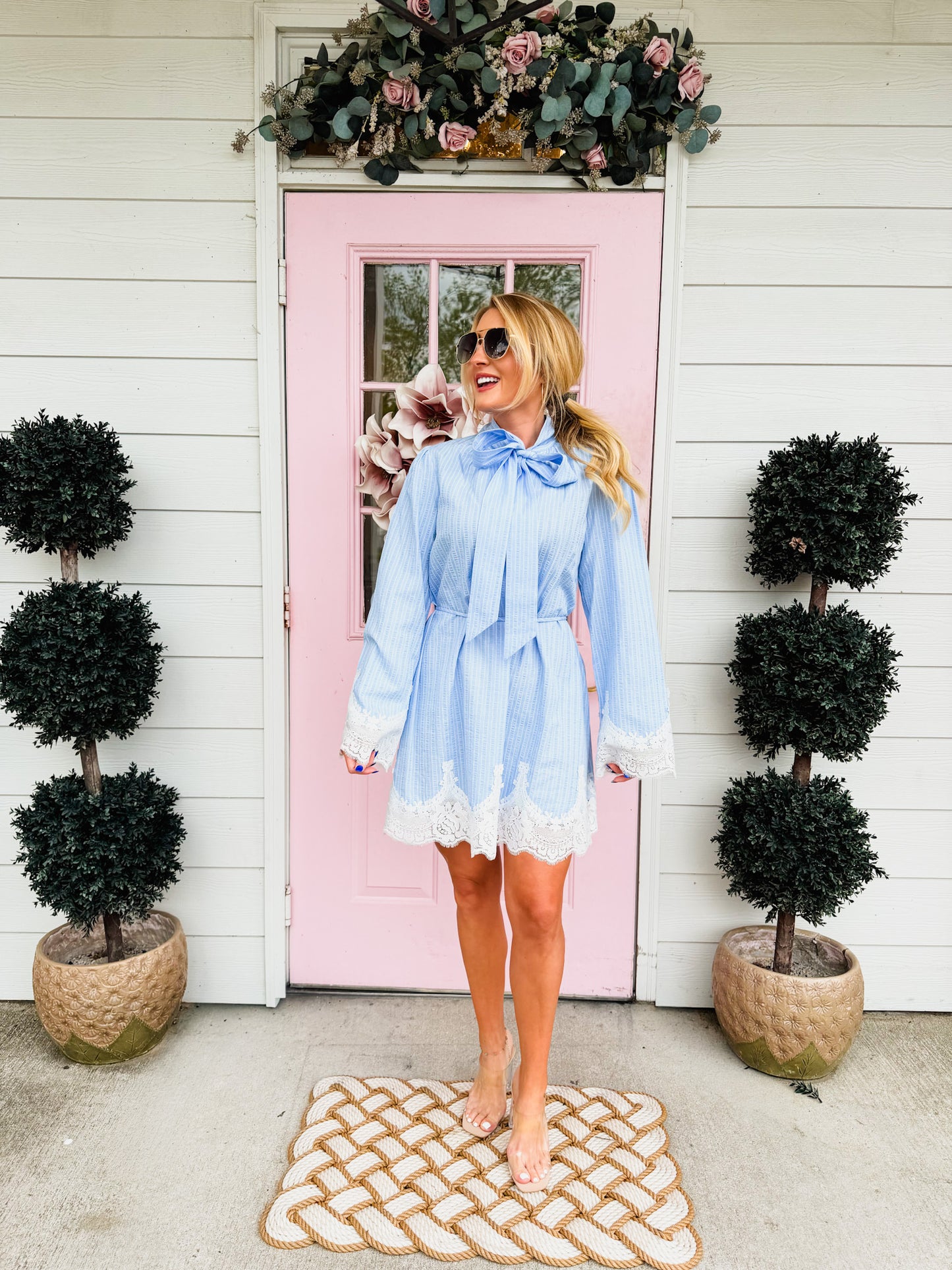 Victoria Neck Tie Lace Trim Stripe Mini Dress - Light Blue/White