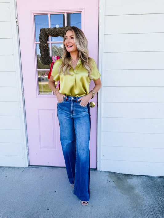 Chart Topper Drop Shoulder Blouse In Crinkle Satin - Light Mustard