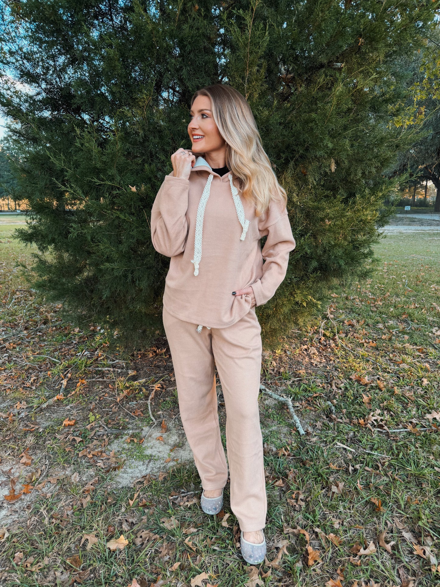 Lace Trim Ribbed Hoodie and Pants Set - Smoke Grey