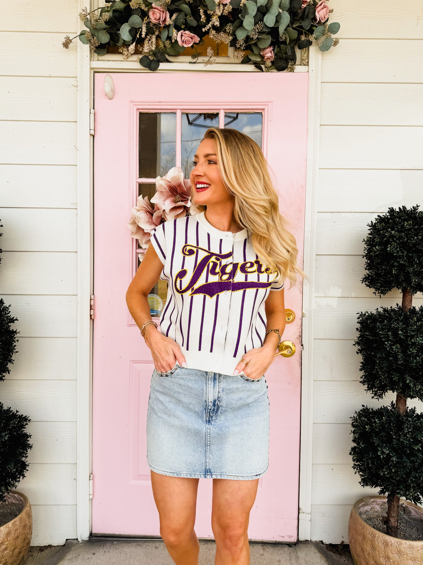 Queen of Sparkles Licensed LSU Striped Word Button Up Knit Vest