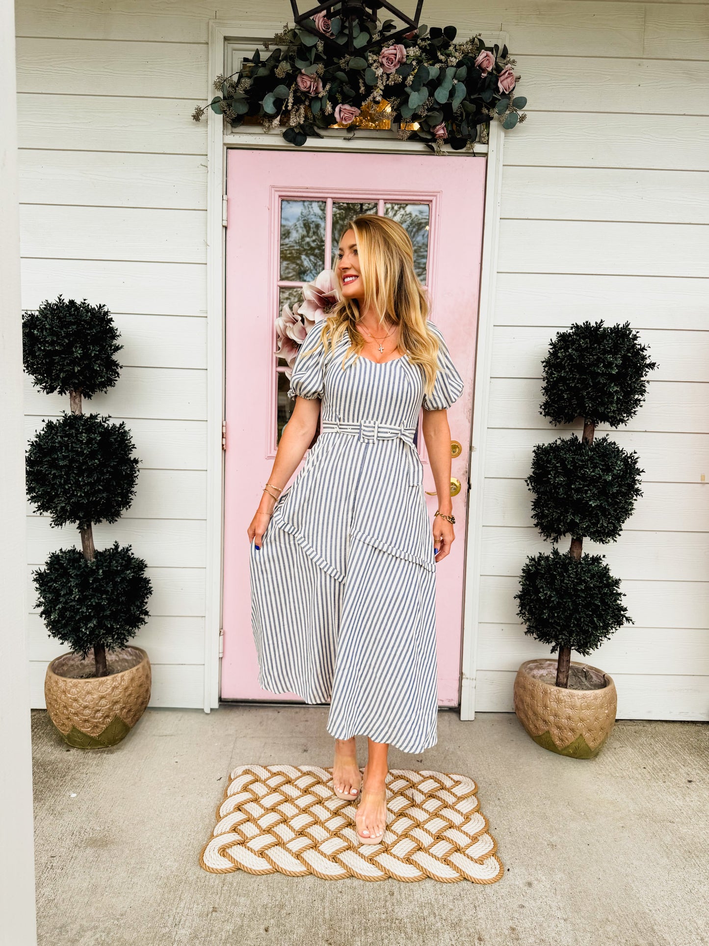 Good Day Belted Puff Sleeve Midi Dress - Navy Stripe