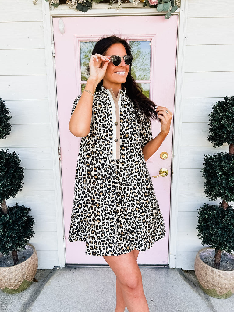 Hear Me Roar Leopard Print Collar Mini Dress - Camel