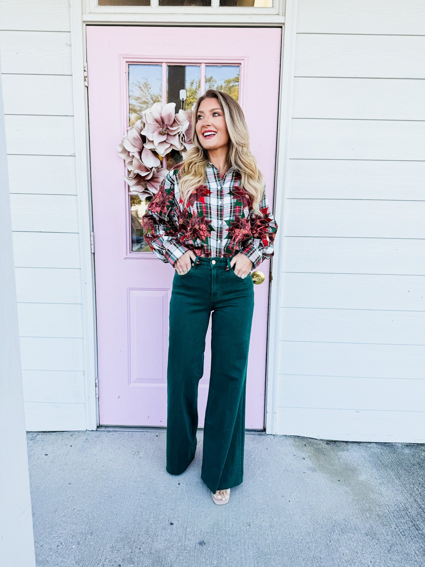 Queen Of Sparkles Red, Green & White Plaid Poinsettia Cotton Button Up Top