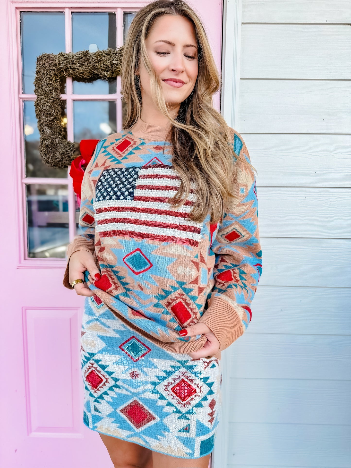 Queen of Sparkles USA Flag Aztec Print Knit Sweater