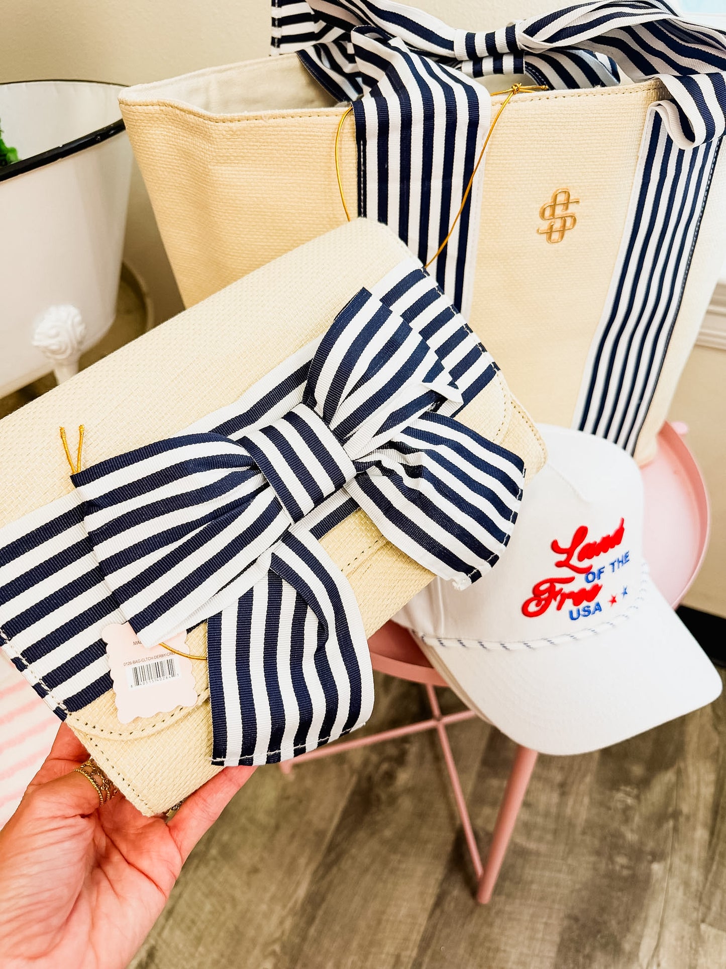 Simply Southern Striped Bow Derby Cream Clutch