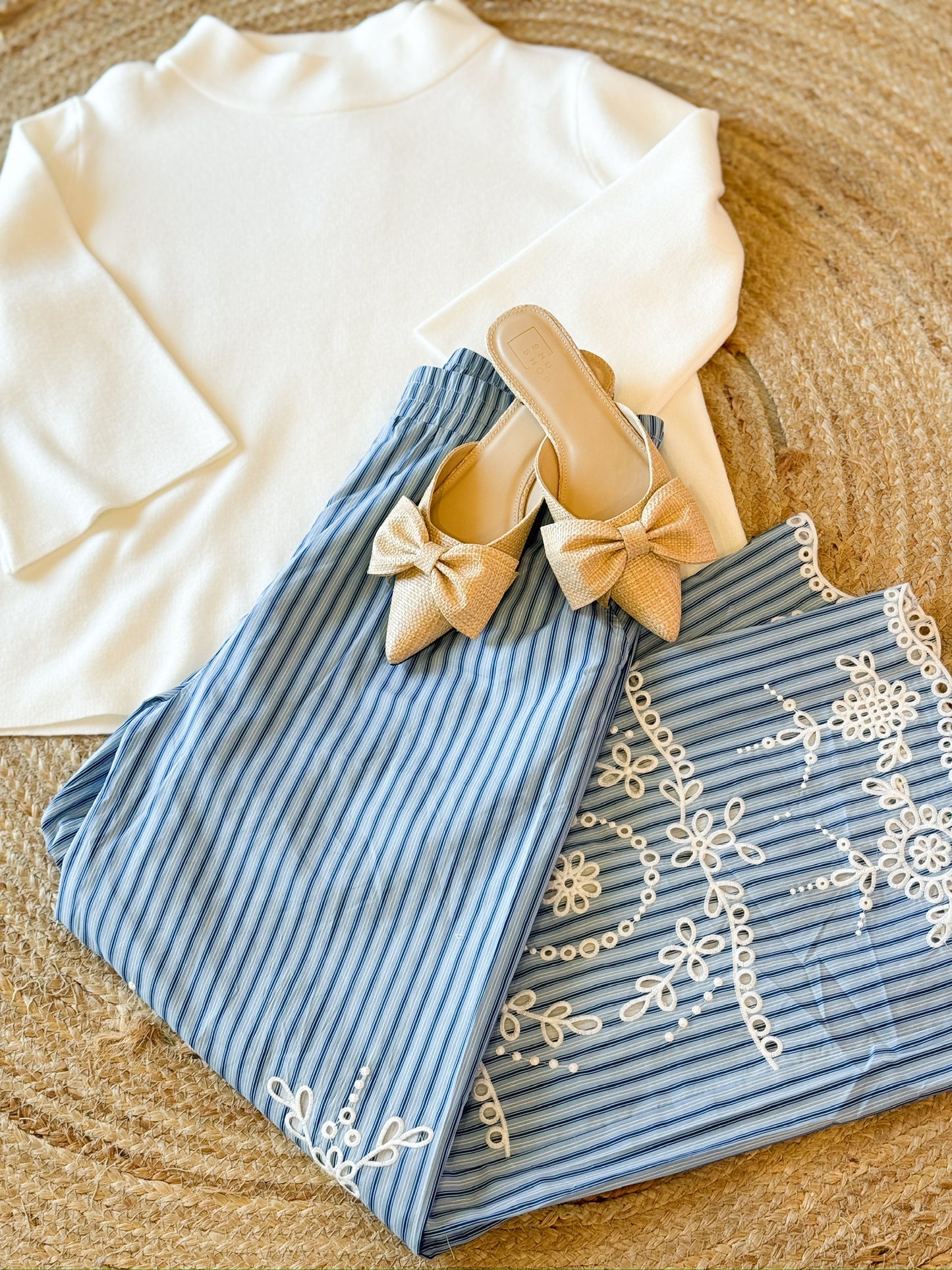 Looking Ahead Striped Elastic Waist Eyelet Pant - Blue