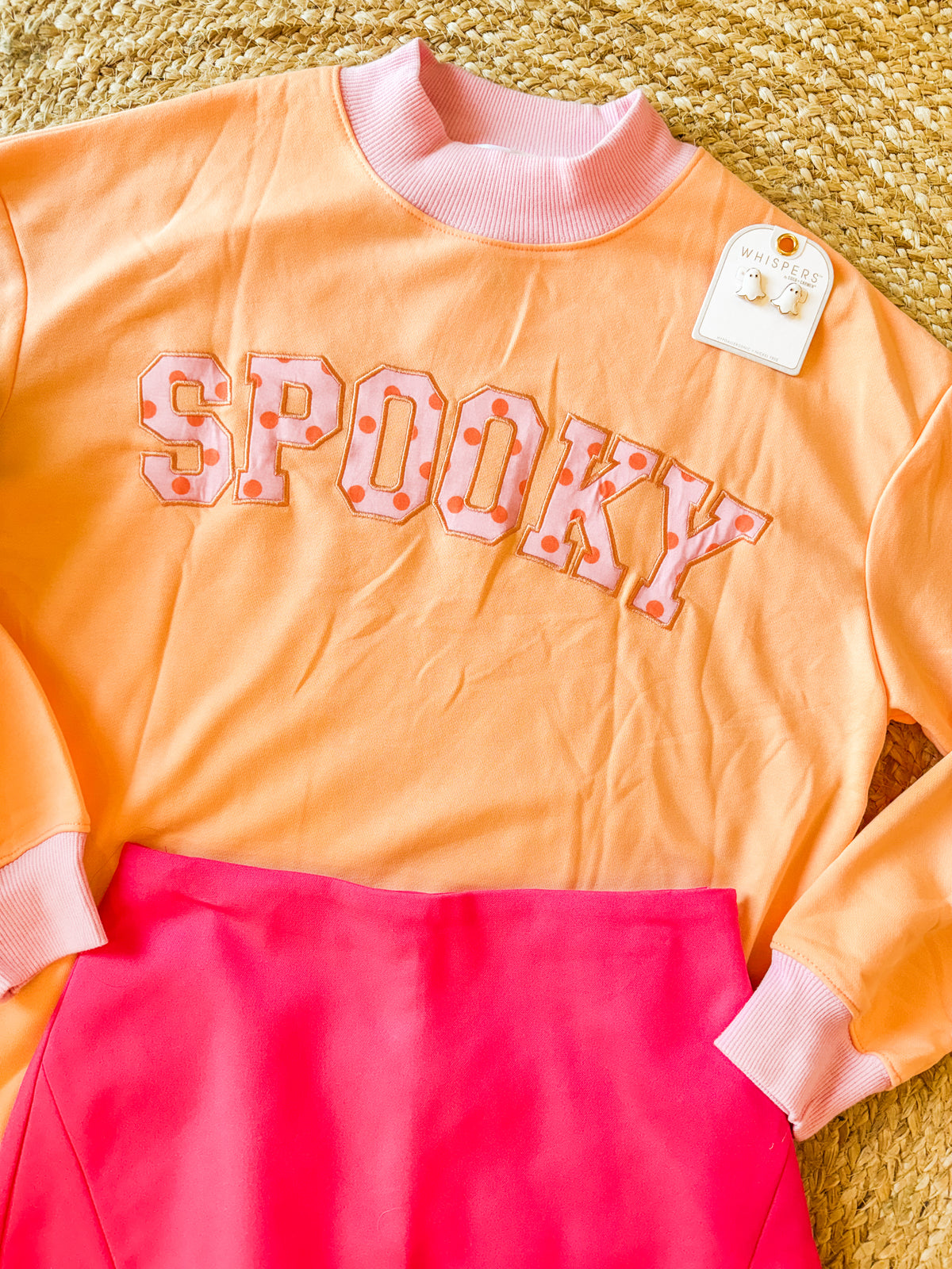 Spooky Polka Dot Letter Graphic Colorblock Tunic Sweatshirt - Grapefruit Orange