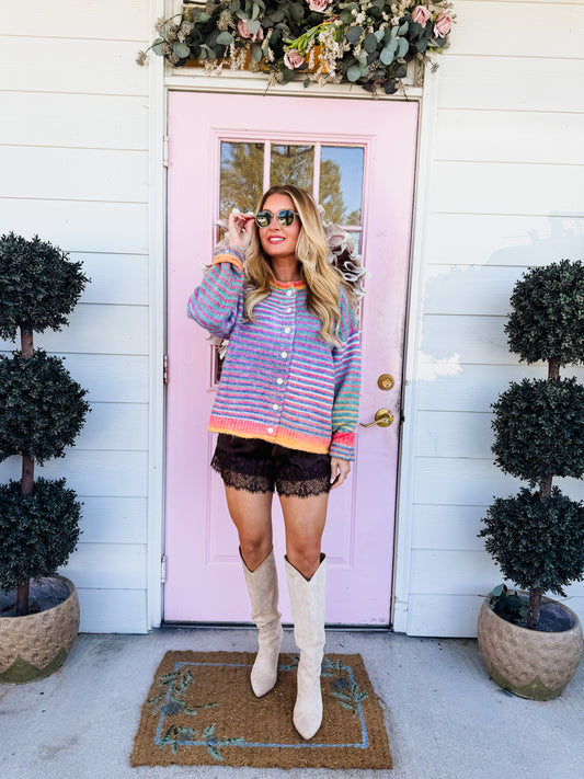 Early Riser Multi Colored Button Up Cardigan - Teal Mix