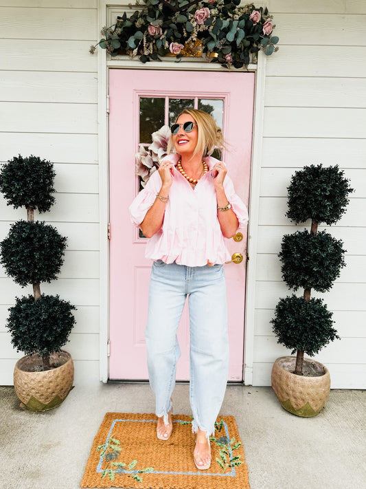 Love Note Pleated Bubble Hem Button Down Wop - Pink