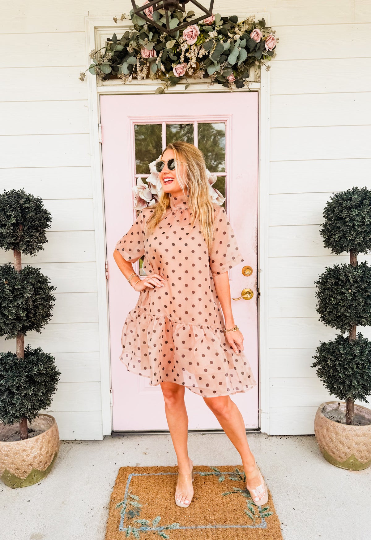 Nice Trade Sheer Overlay Mesh Polka Dot Dress - Ecru