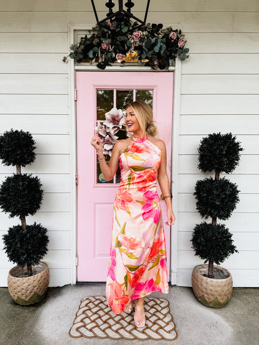 Pretty Little Floral Print Halter Neck Midi Dress - Pink
