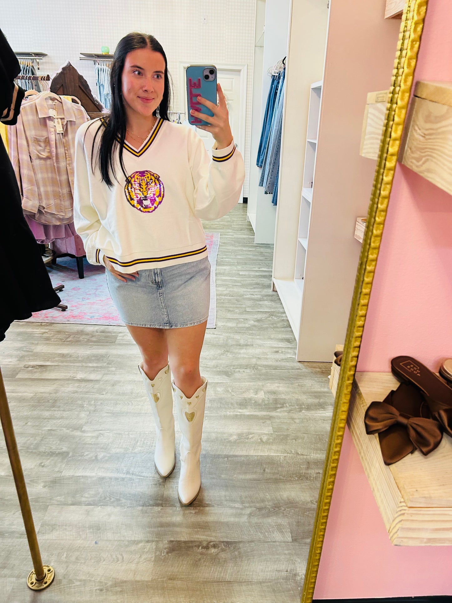 Queen Of Sparkles Licensed LSU V Neck Striped Cuff LS Sweater With Small Mascot