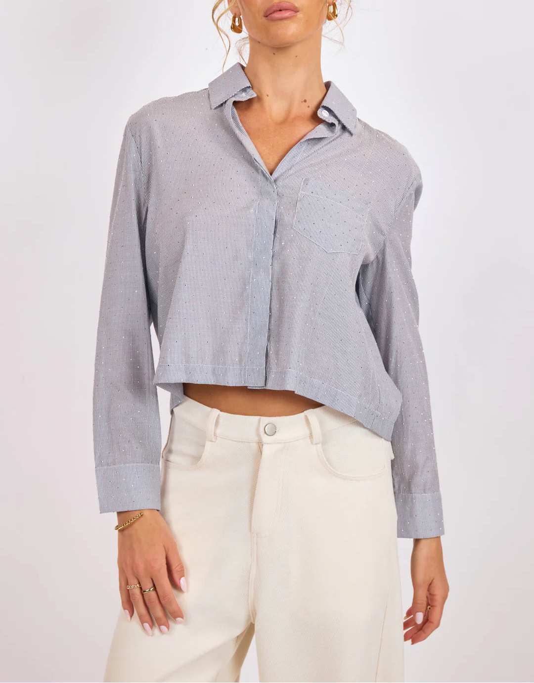 Glacier Glow Rhinestone Cropped Shirt - Blue Silver