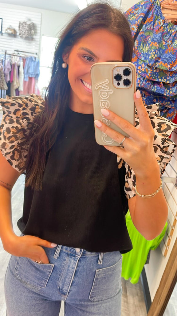 Go Wild Leopard Print Ruffled Sleeve Top - Black