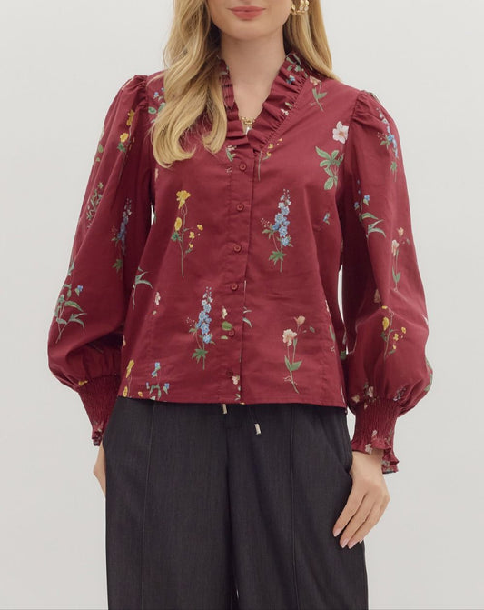 Happy Thoughts Floral Smocked Long Sleeve Top - Burgundy